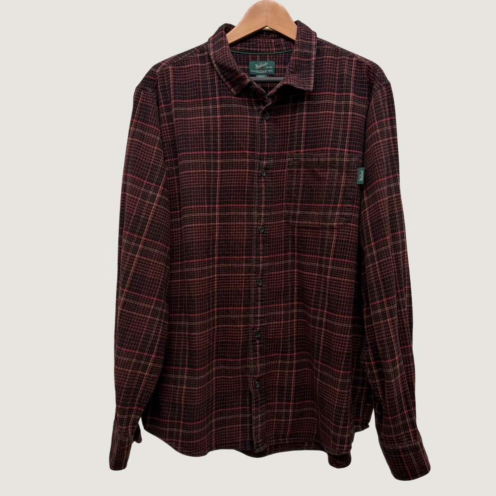 Woolrich Mens XXL Red Burgundy Black Plaid Flannel Button Down Shirt Cotton